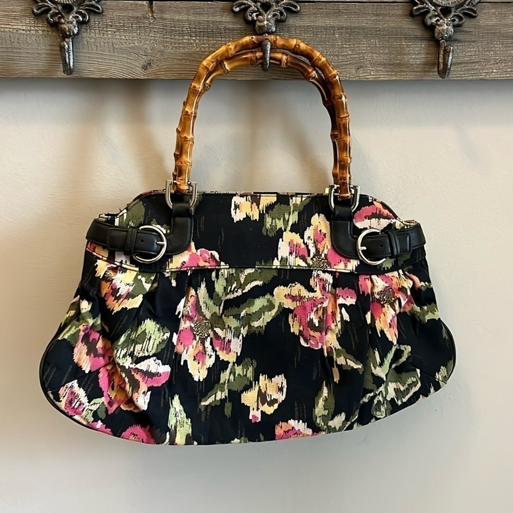 Talbots Floral Satchel Bag Bamboo Handles Fabric Black Faux Leather Trim